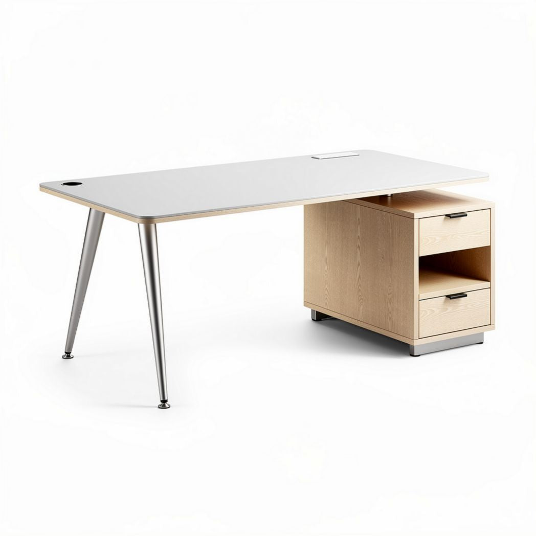 Modern minimalist office desk with wooden drawer unit and metal legs 150 x 75 x 75cm