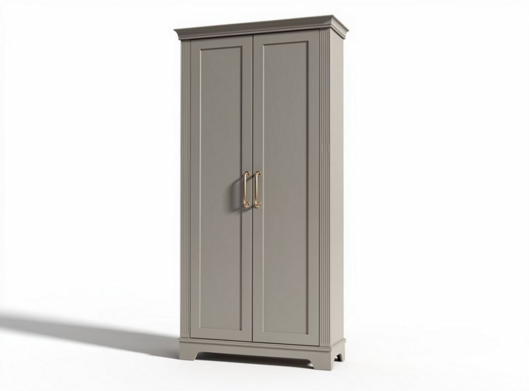 Two-door storage cabinet in light gray finish with metal handles 80 x 40 x 180cm