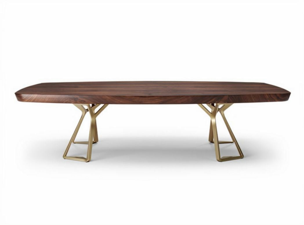 Walnut wood dining table with brass metal legs 200 x 100 x 75cm