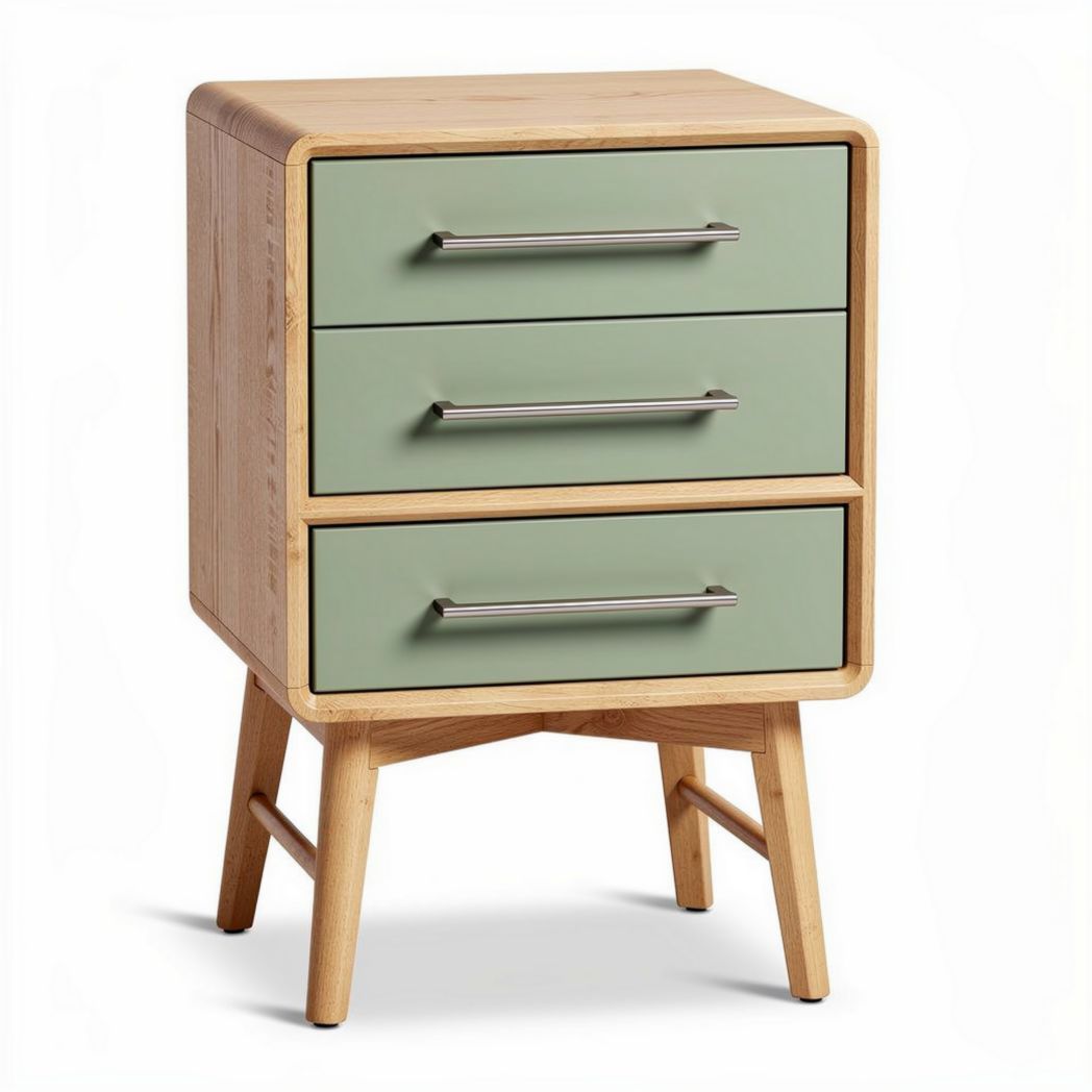 Wooden nightstand with three drawers in green and natural finish 45 x 40 x 60cm