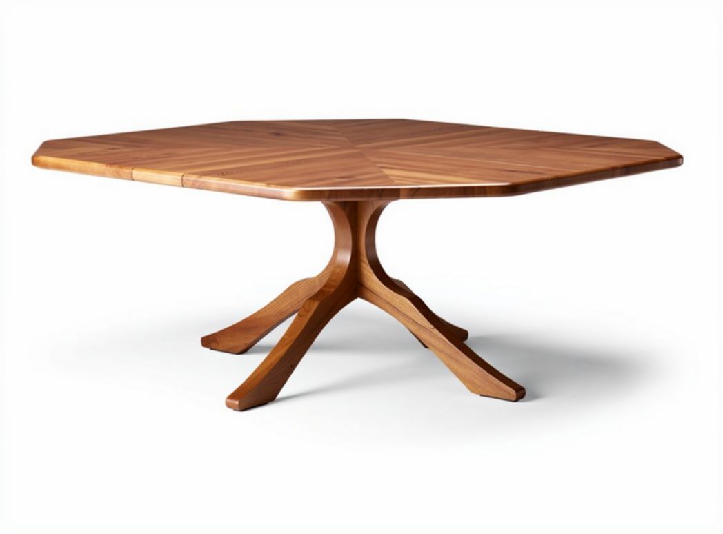 Wooden hexagonal dining table with four legs and smooth finish 150 x 150 x 75cm