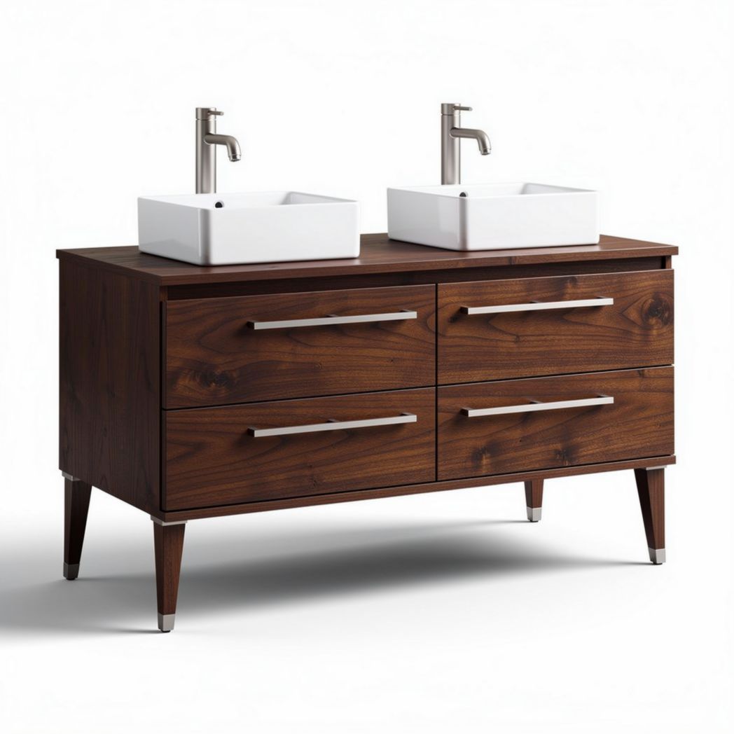 Double sink vanity with wooden base and white ceramic sinks 120 x 45 x 85cm