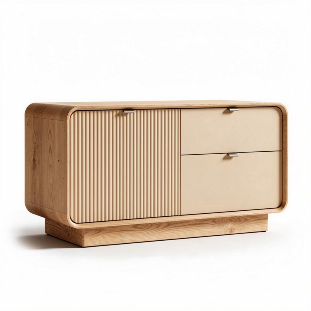 Wooden sideboard cabinet with textured doors and two drawers 120 x 50 x 75cm