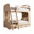 Bunk bed with storage drawers and integrated shelving in light wood finish