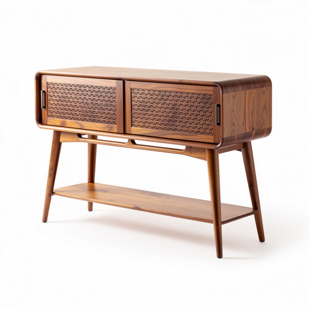 Wooden sideboard with perforated doors and open shelving 90 x 40 x 80cm