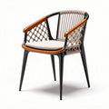 Outdoor dining chair in beige and black with wooden armrests and woven seat design