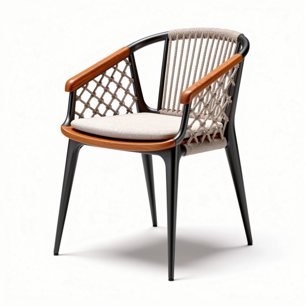 Outdoor dining chair in beige and black with wooden armrests and woven seat design