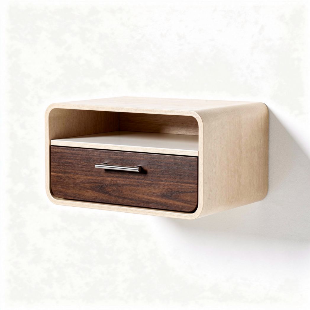 Wall-mounted storage shelf with drawer in natural wood finish 40 x 30 x 15cm